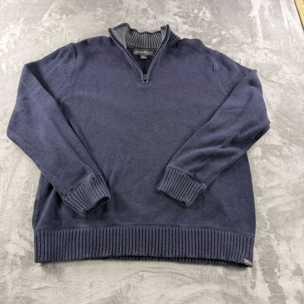 Eddie Bauer Mens XL Navy Blue 100% Cotton Quarter‎ Zip Mock Neck Ribbed Sweater
